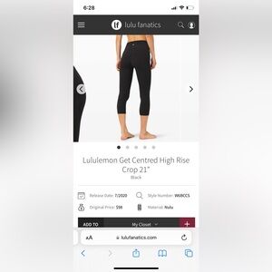 Lululemon get centered high rise crop 21”